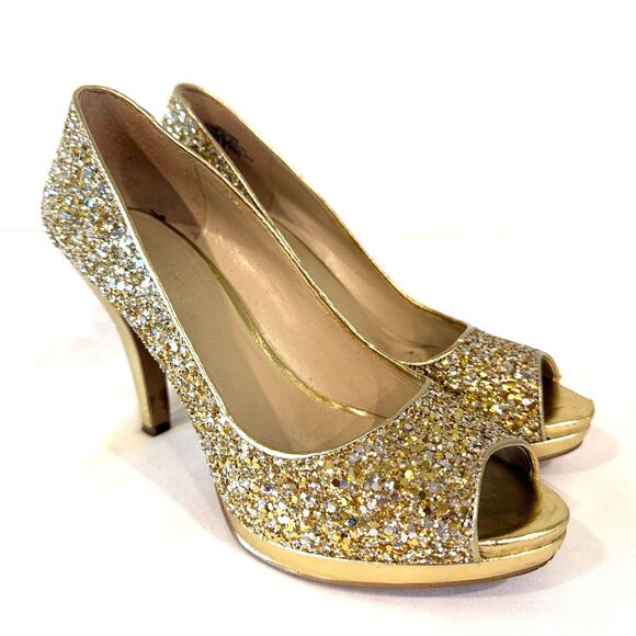 Nine West Gold Glitter Peep Toe Platform Heels Size 7.5 - Picture 1 of 9